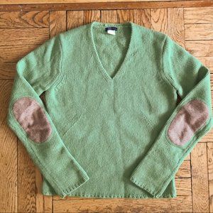 J. Crew Green V-Neck Sweater with Brown Elbow Patches
